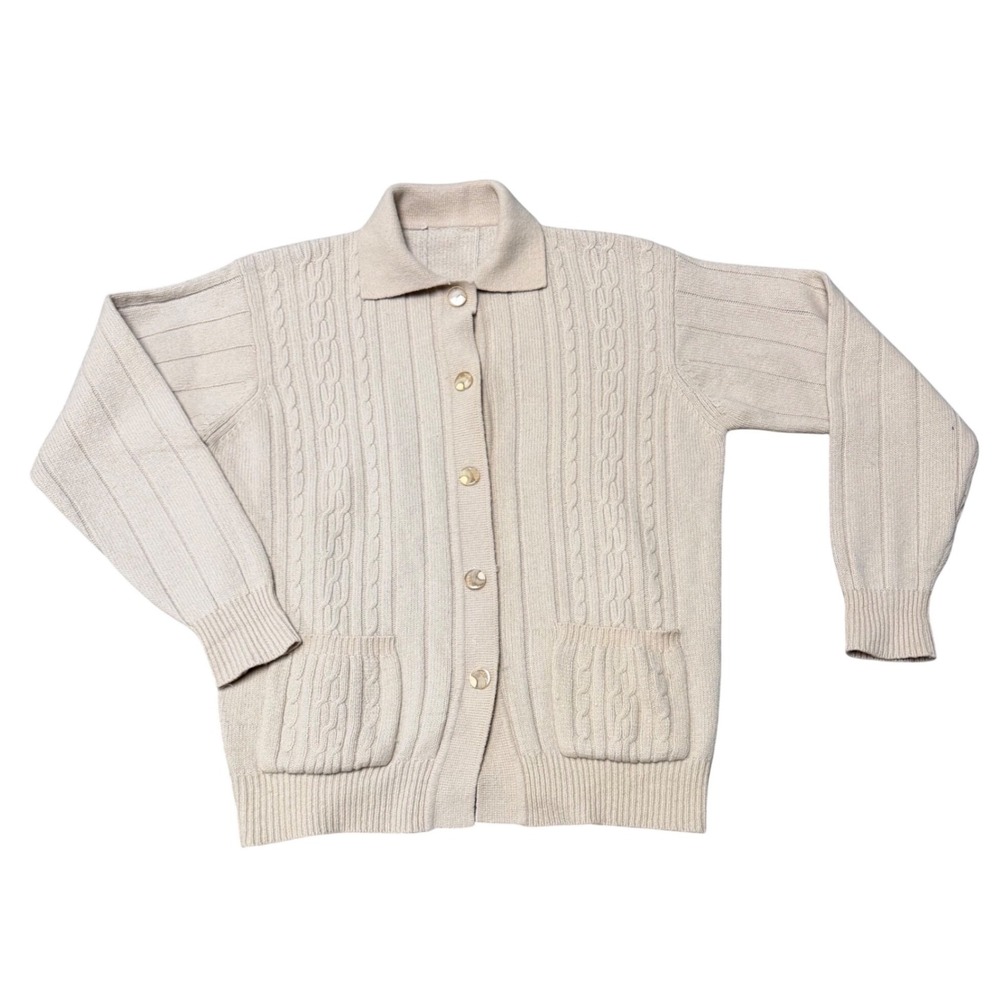 Vintage Collared Cable Knit Cardigan Sweater Beige Grandmacore Dark Academia